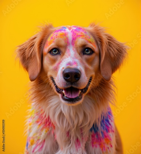 Colorful dog portrait in studio bright yellow background & playful vibes