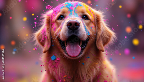 Colorful celebration of a happy dog in a playful outdoor setting captured with joyful essence