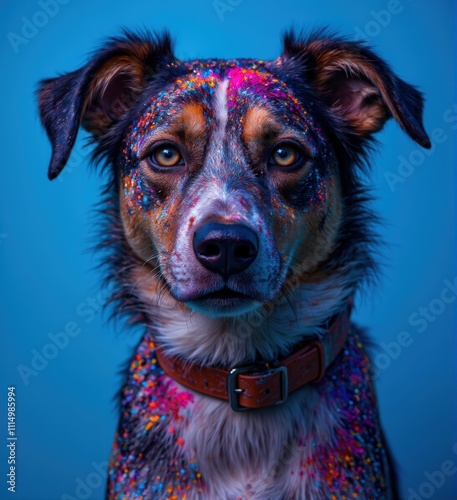 Vibrant painted dog portraits creative art photography in colorful studio