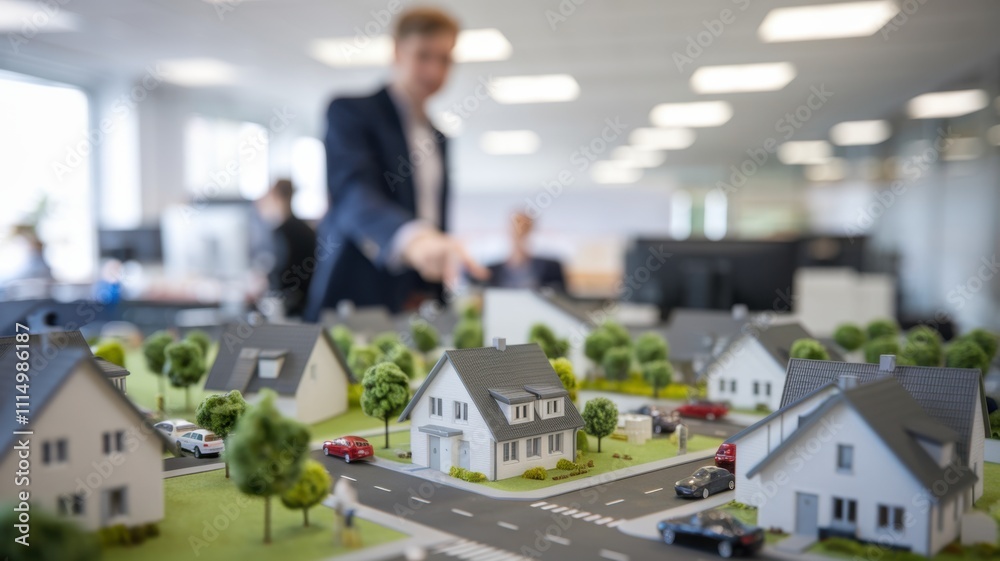 Obraz premium A model of a residential area displayed in an office, with a professional in the background.