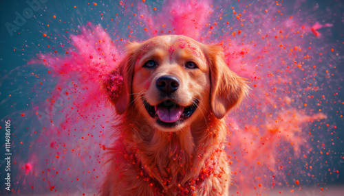 Vibrant color festival joyful golden retriever in a playful outdoor celebration