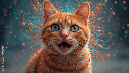 Vibrant cat celebration home studio animal portrait colorful environment close-up playful emotion