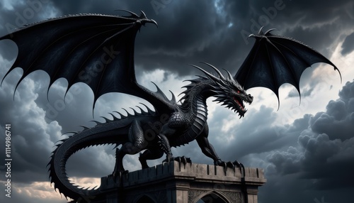 A fierce black dragon stands atop a castle against a dramatic, stormy sky, showcasing its powerful wings and menacing presence.