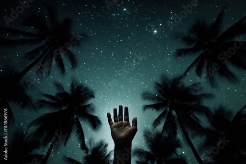 A pair of hands reaching upwards towards a dark, star-filled night sky with open palms, isolated on white background