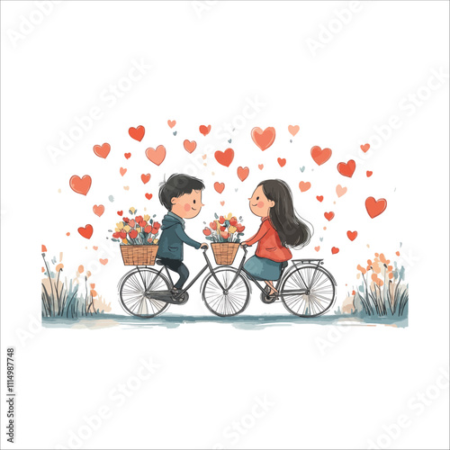 A cartoon couple riding on the bike vector.  A cartoon couple riding bike vector. 