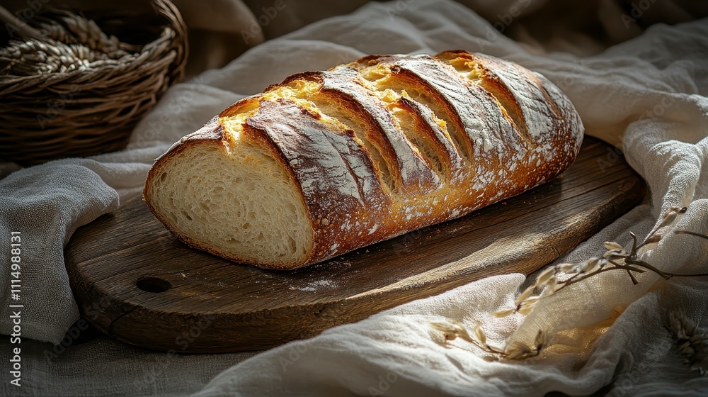 Crusty Artisan Bread Loaf on Rustic Wooden Board Crusty Artisan Bread Loaf on Rustic Wooden Board