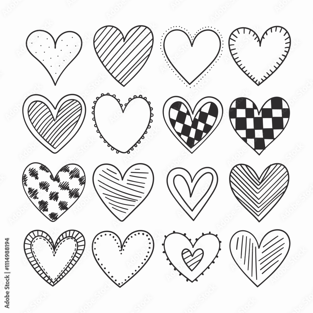 Vector illustration. a series of hearts dominated by patterns reminiscent of hand-drawn graphics, with the addition of various textures. Vector illustration. a series of hearts dominated by patterns reminiscent of hand-drawn graphics, with the addition of various textures.