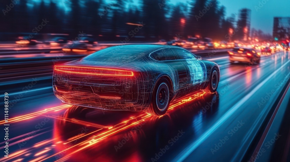 Naklejka premium Futuristic Electric Car on a Neon Highway at Dusk Showcasing Autonomous Driving Technology and Dynamic Motion