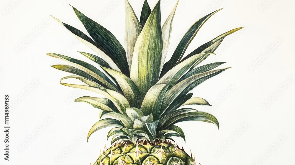 Obraz premium detailed, vibrant illustration of a pineapple, highlighting its spiky textured skin and lush green crown, set against a crisp white backdrop