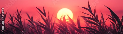 Sunset over tall grass, creating a serene and tranquil atmosphere.