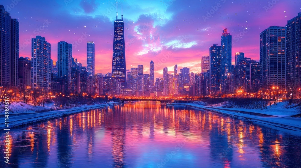 Fototapeta premium A vibrant city skyline at dusk reflecting on a river, showcasing urban beauty and tranquility.