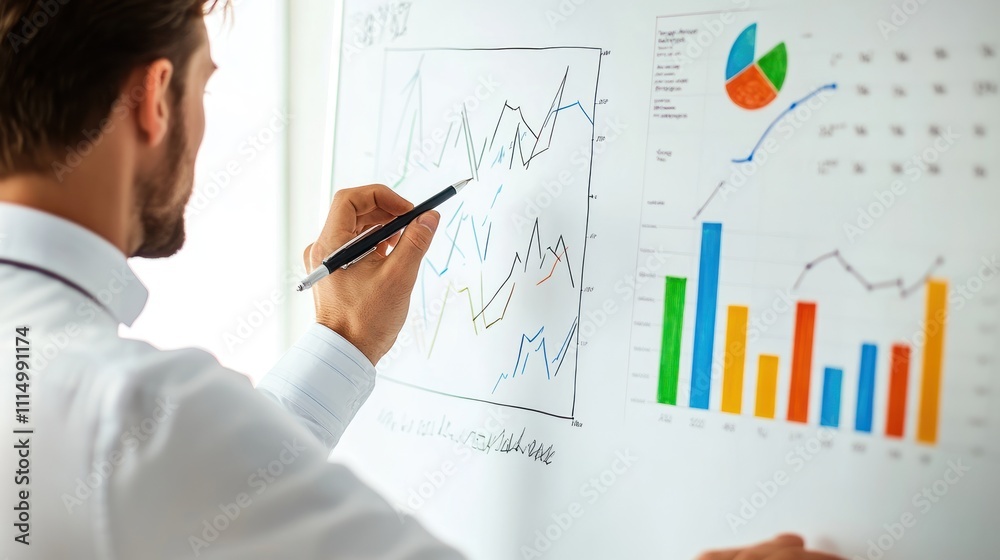 Business professional analyzing graphs and charts on a presentation board. Business professional analyzing graphs and charts on a presentation board.