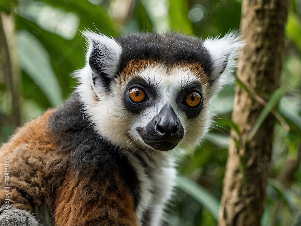 Obraz premium Red fronted lemur portrait in lush green foliage