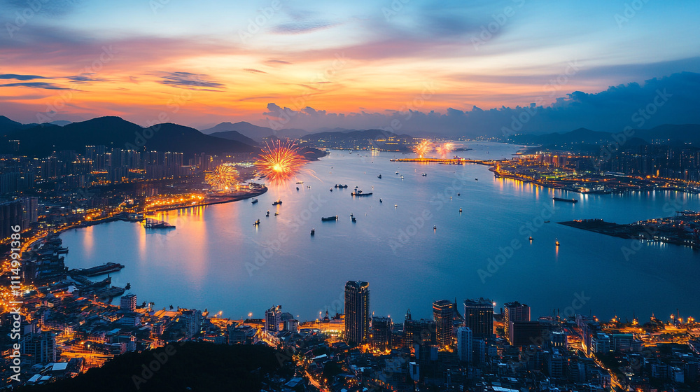 Naklejka premium Vibrant sunset over Hong Kong harbor with city lights and festive fireworks display