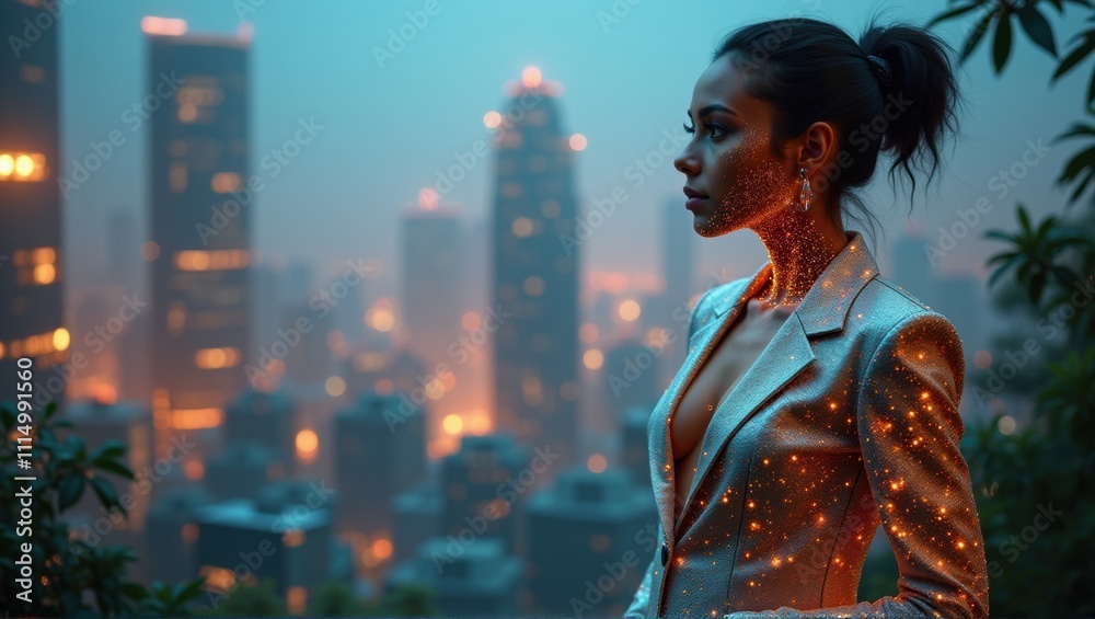 Woman in floral dress, cityscape, foggy weather, modern architecture, obscured face. Generative, AI, Woman in floral dress, cityscape, foggy weather, modern architecture, obscured face. Generative, AI,