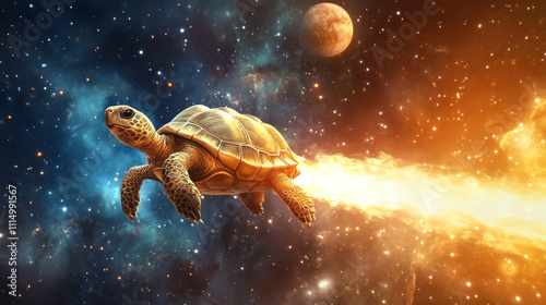 giant turtle soaring through space, propelled by fiery jet stream, surrounded by vibrant cosmic colors and celestial bodies photo