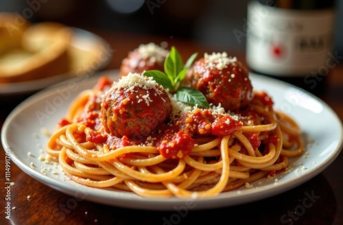 A hearty plate of spaghetti and meatballs. Freshly grated Parmesan, garlic bread photo