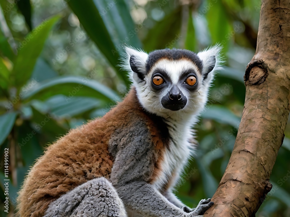 Naklejka premium Red fronted lemur perched on a tree branch