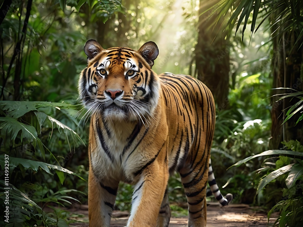 Fototapeta premium Majestic Tiger Walking Through Lush Green Jungle