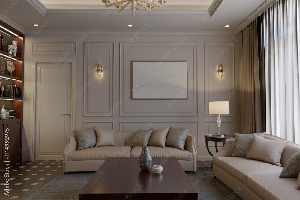 Fototapeta premium modern contemporary living room with mockup poster frame and sofa. 3d illustration 