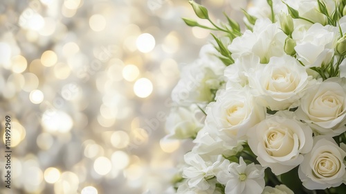 elegant white flowers with a soft bokeh background, creating a peaceful, solemn atmosphere suitable for mourning and funeral imagery, with ample copy space