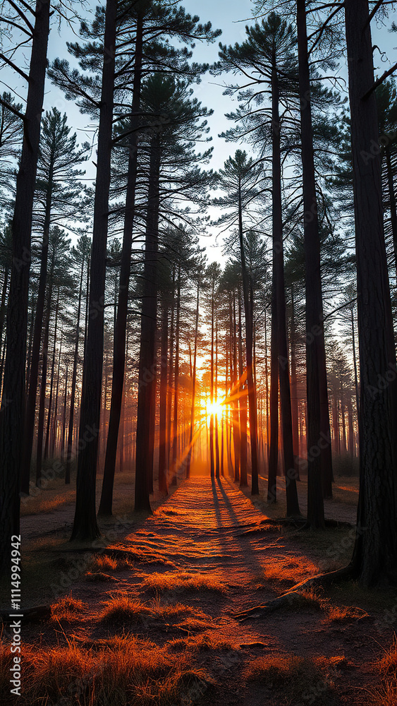 Obraz premium Forest landscape with golden light at dusk in Apatity, Murmansk Region, Russia, nature scenery, forest colors, northern forest, Russia
