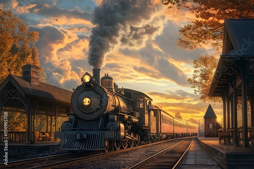 Vintage steam train at a station during a colorful sunset. photo