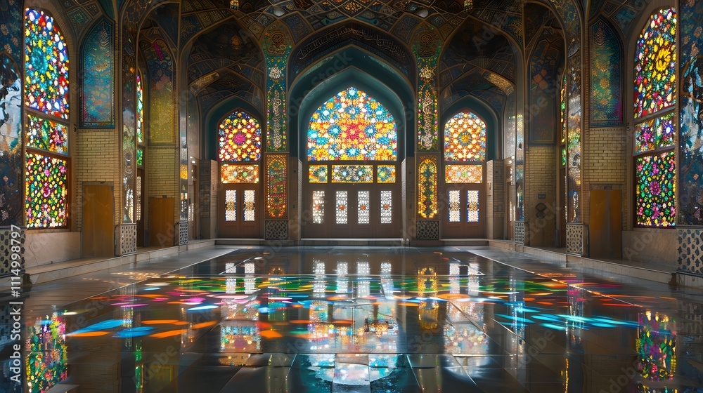 Obraz premium Colorful stained glass windows illuminate a grand hall's reflective floor.