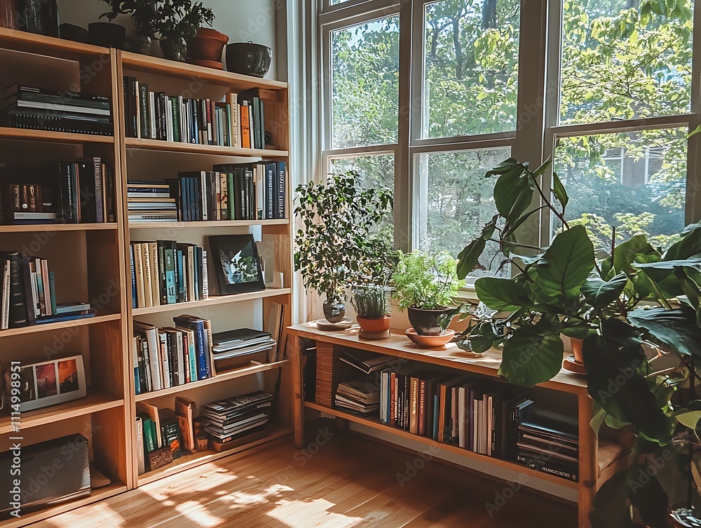 Spacious Home Library with Floor-to-Ceiling Bookshelves and a Wooden Desk Overlooking a Serene Garden, Perfect for Reading and Working Amidst Nature Spacious Home Library with Floor-to-Ceiling Bookshelves and a Wooden Desk Overlooking a Serene Garden, Perfect for Reading and Working Amidst Nature