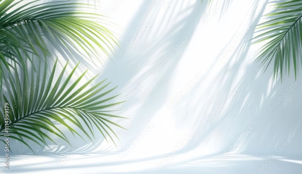 Fototapeta premium Abstract Light Blue Background with Palm Leaf Shadows on White Wall for Product Display