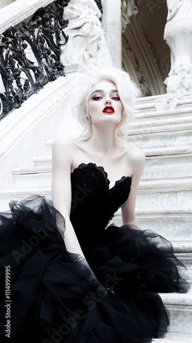 supermodel light blond, red lips, little blackdress, complete body, paris, opera,  photo