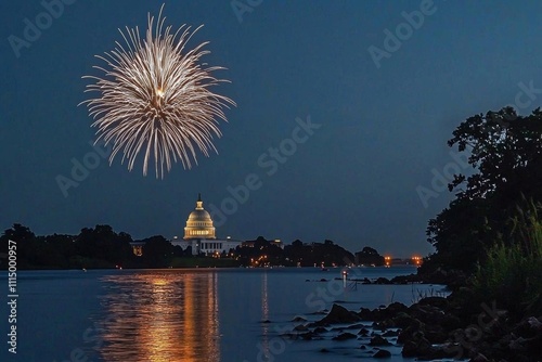 Mysterious night sky with full moon United States Capitol Building in Washington DC with Fireworks Background For 4th of July