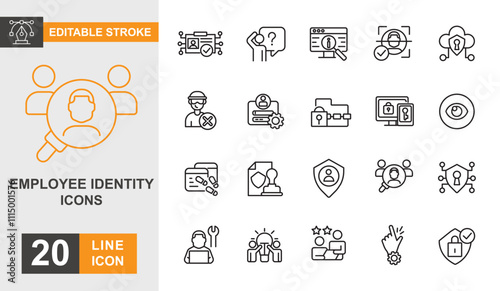 Employee identity line editable icon set. Id card, badge, fingerprint, person, client, security and more line icons. 