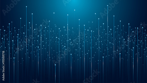 A abstract illustration with vertical lines and glowing points on a dark blue background. This futuristic illustration symbolizes science and technology, data transmission, and digital communication.