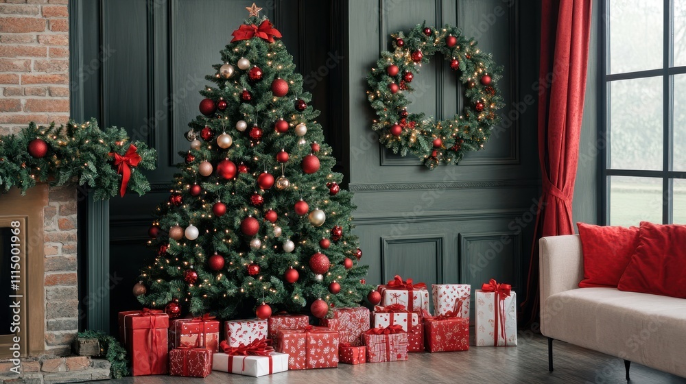 Christmas Tree Adorned with Red Ornaments and Gifts. Christmas Tree Adorned with Red Ornaments and Gifts.