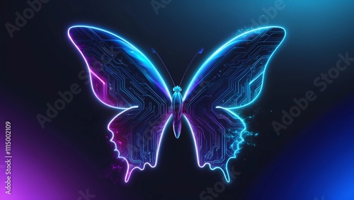 Futuristic 8K Digital Wallpaper with Abstract Butterfly and Neon Circuitry Design in Electric Blue and Purple