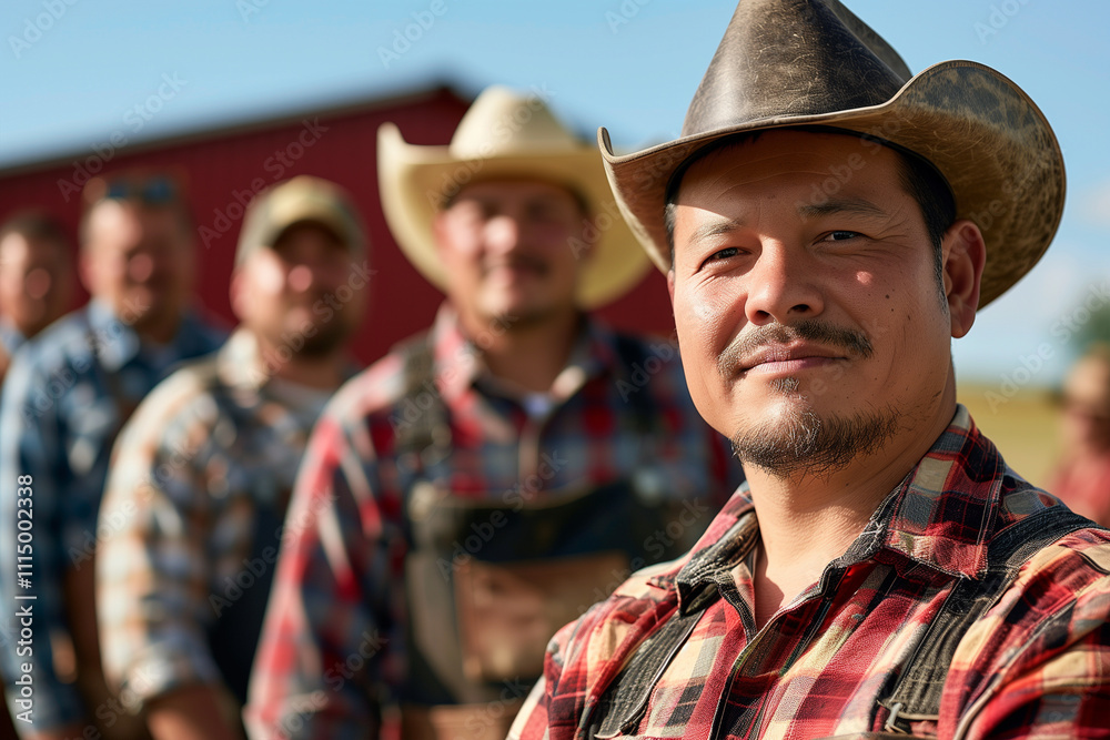 Fototapeta premium Photography of a USA group of professional farmers and in outdoor workspace, the team manager is in front.