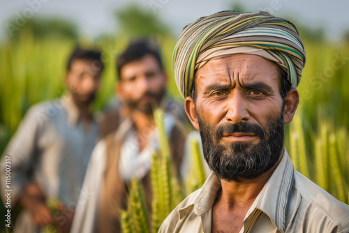 Photography of a Pakistan group of professional farmers and in outdoor workspace, the team manager is in front. photo