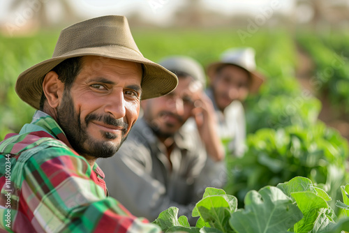 Photography of a Saudi Arabia group of professional farmers and in outdoor workspace, the team manager is in front. photo