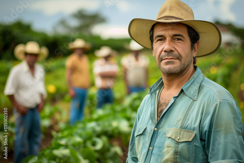 Photography of a Uruguay group of professional farmers and in outdoor workspace, the team manager is in front.