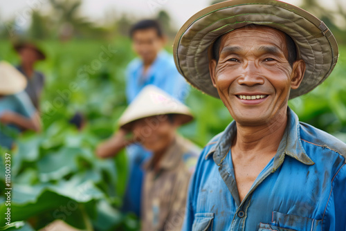 Photography of a Vietnam group of professional farmers and in outdoor workspace, the team manager is in front. photo