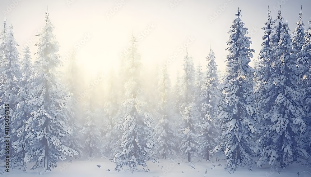 Fototapeta premium snow covered trees in a serene forest soft light filtering through