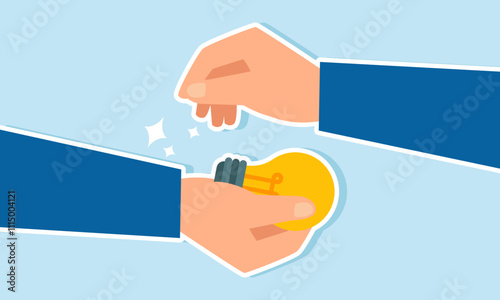 A businessman’s hand handing a lit lamp to another hand, illustration of offering and providing business ideas and innovations