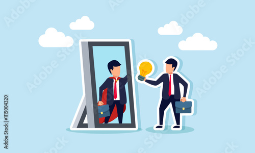 A businessman holding a lit lamp stands before a mirror reflecting a super businessman, illustration of a businessman up-to-date with ideas and innovations in business growth