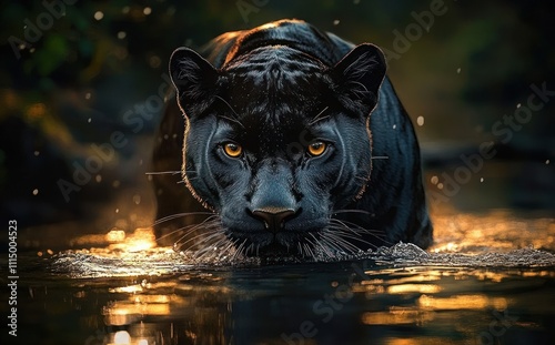 Black Panther Emerging from Water in Golden Hour Light with Intense Gaze and Reflections