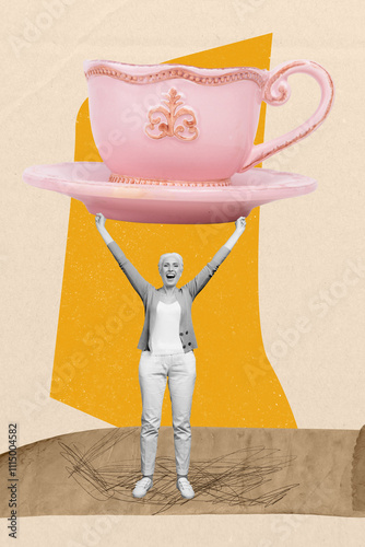 Composite artwork photo collage template sketch of drink relax break enjoy tea kitchenware aged woman miniature stand hand hold huge cup photo