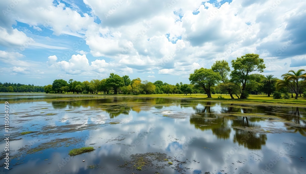 Obraz premium Serene Lakeside Park Landscape Under A Cloudy Sky