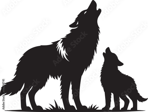 A mother wolf howling softly with a pup leaning against her black vector silhouette