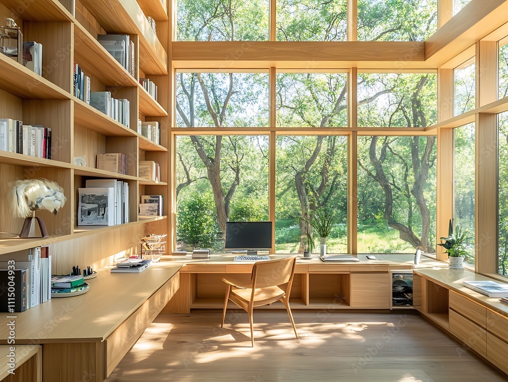 Spacious Home Library with Floor-to-Ceiling Bookshelves and a Wooden Desk Overlooking a Serene Garden, Perfect for Reading and Working Amidst Nature Spacious Home Library with Floor-to-Ceiling Bookshelves and a Wooden Desk Overlooking a Serene Garden, Perfect for Reading and Working Amidst Nature