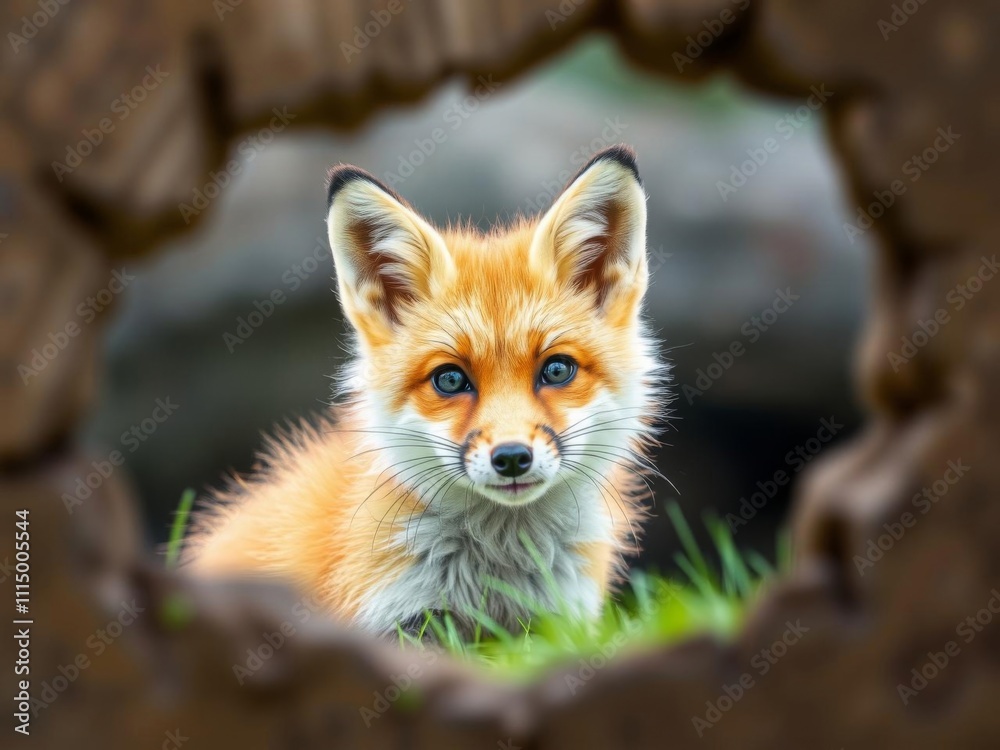Cute fox peeking out of hole on pastel background, centered in frame, background, nature, outdoors